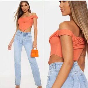 NWT Pretty Little Thing Orange Peach Corset Mesh Bardot Top L 10